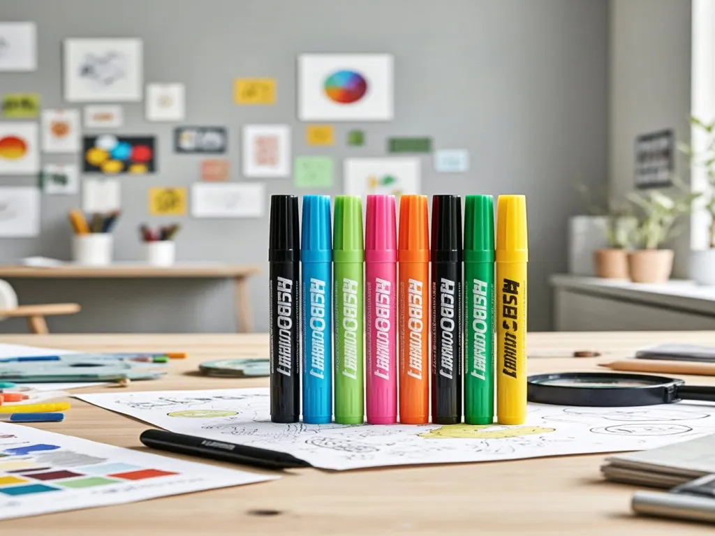 Assorted color marker pens on a desk with sketches