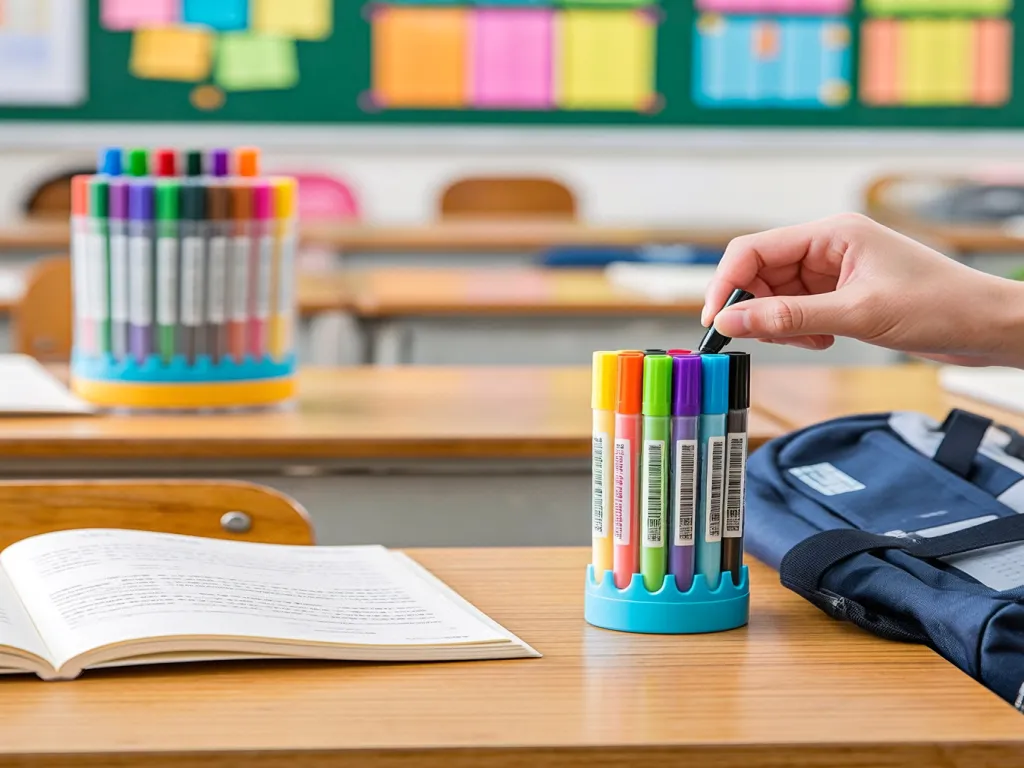 Empty marker pens organized in a classroom setting