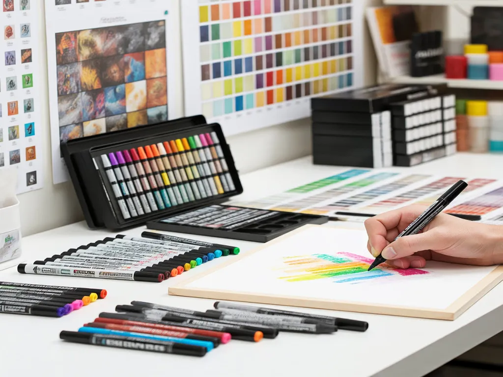 A hand draws with a color marker pen on a piece of paper surrounded by art supplies