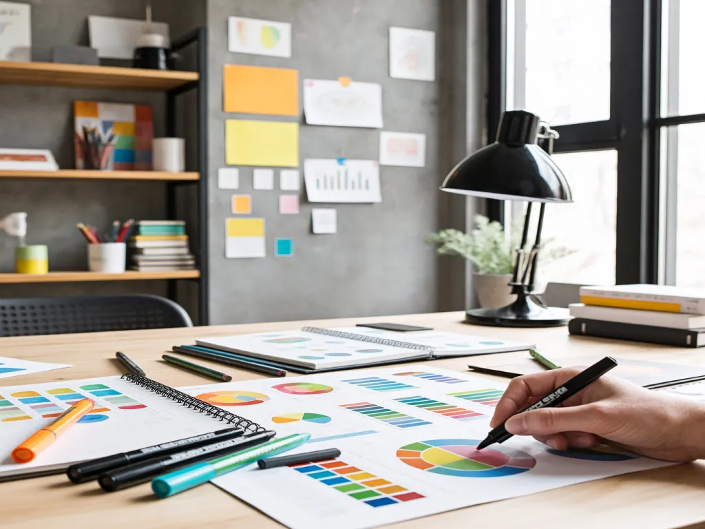 A hand uses a color marker pen on a desk with papers and stationery