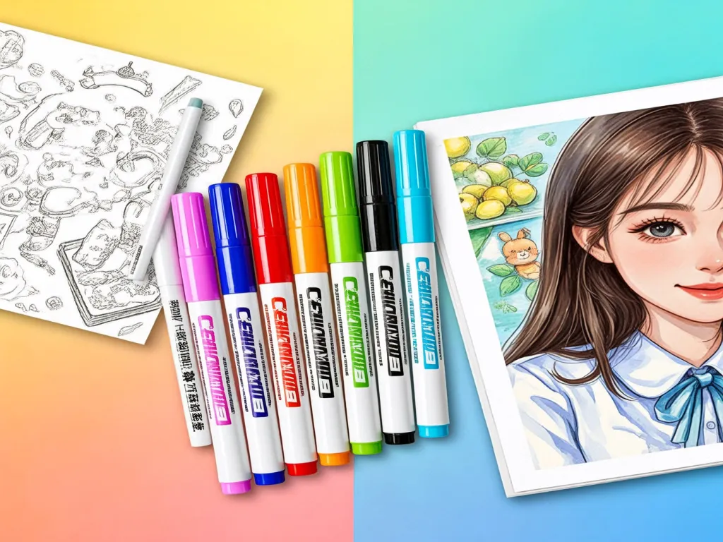 Colorful marker pens next to a sketch and a colored drawing