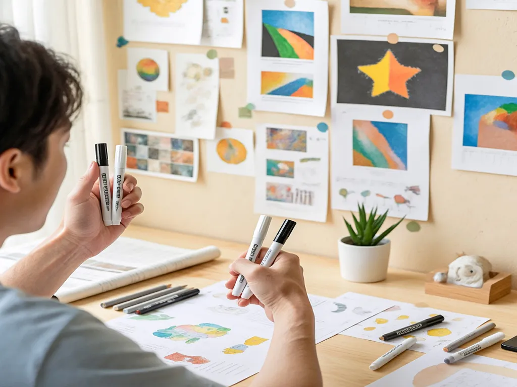 A person designs creative artwork with empty marker pens
