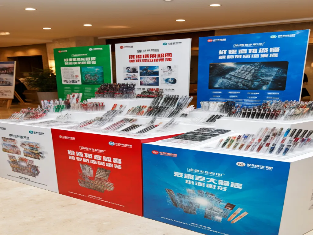 Custom ball pens displayed in promotional stands with branding
