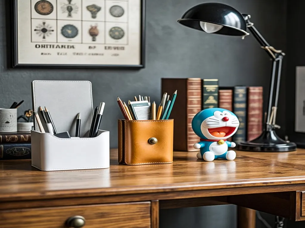 Leather pencil holders on a wooden desk