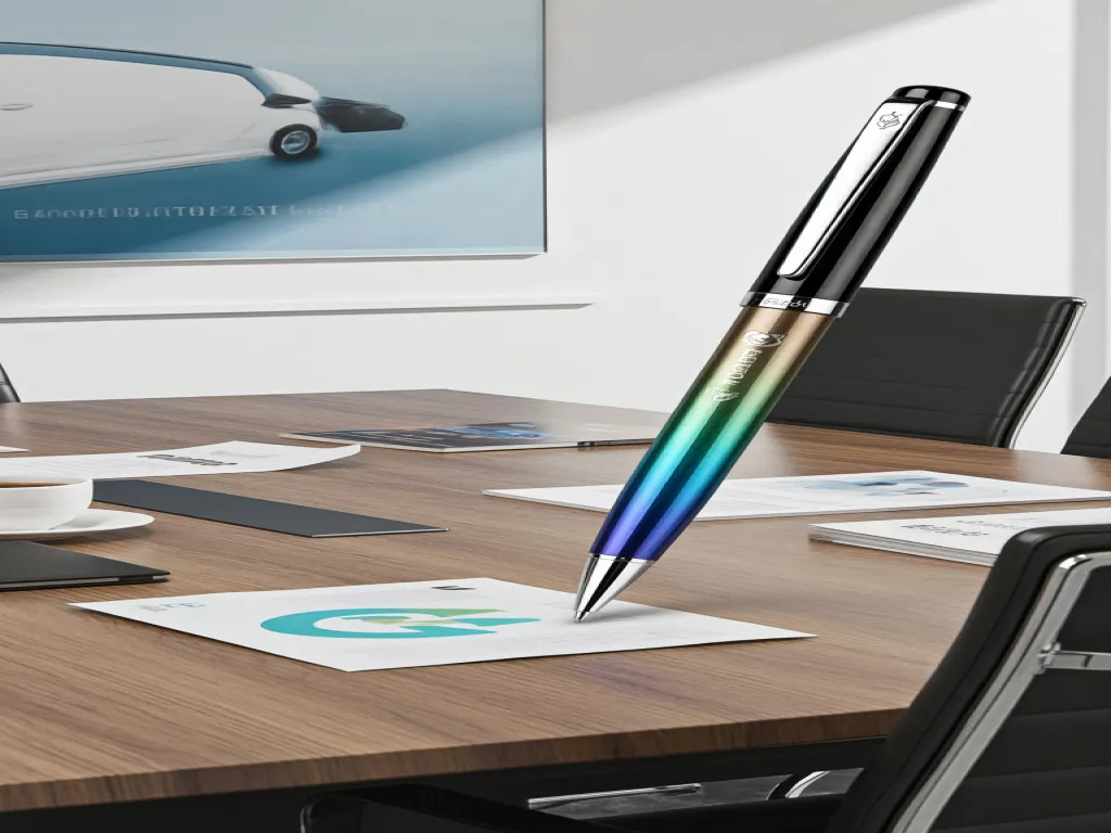 A multicolored custom ball pen placed on a document