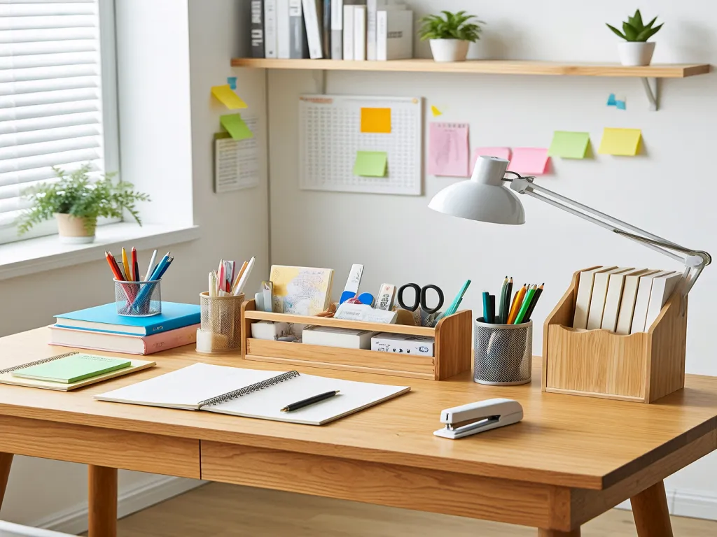 An organized desk with various stationery sets