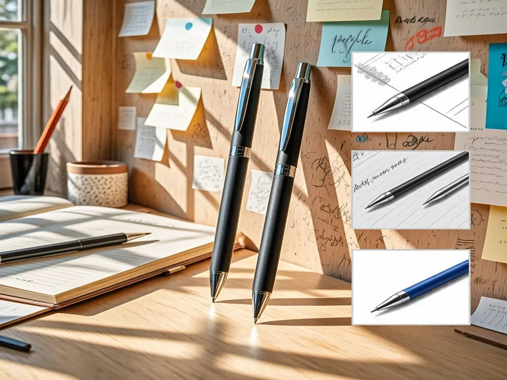 Ball-point pens on a bulletin board with notes