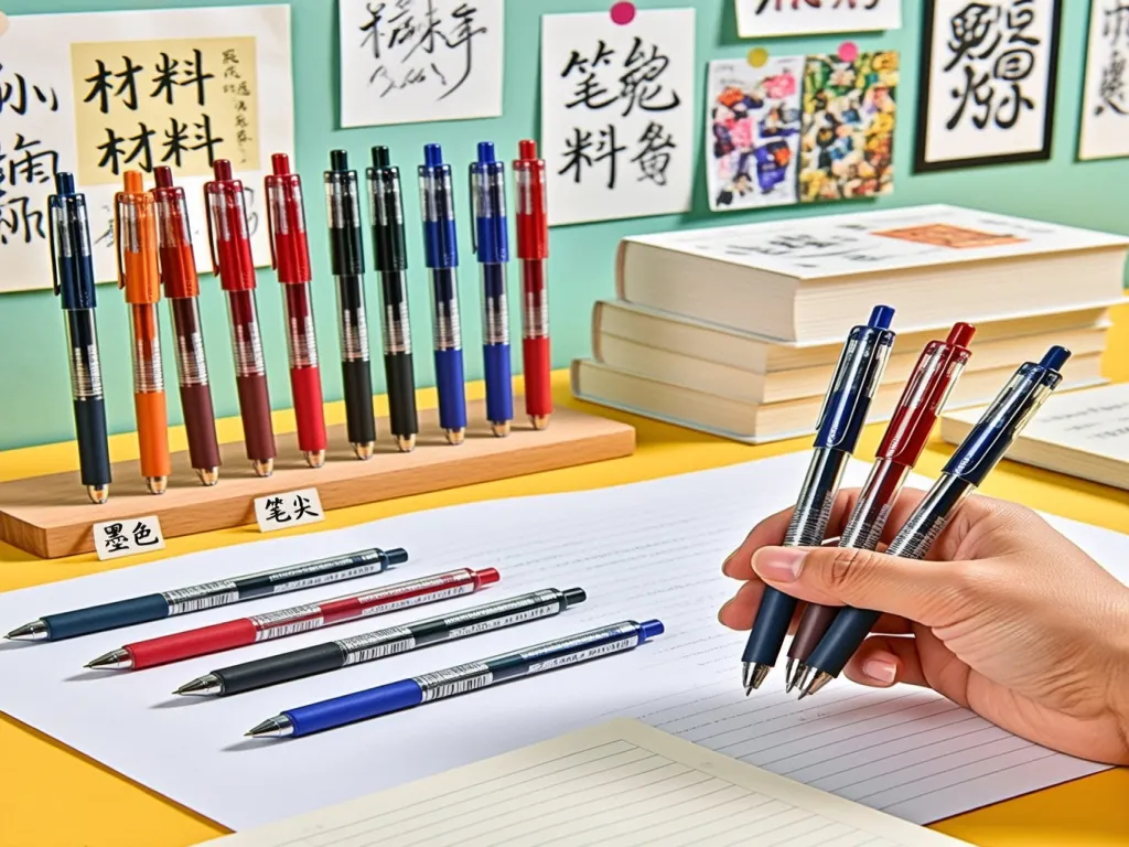 Colorful ball-point pens displayed on a desk