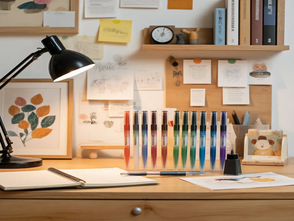 Colorful gel ink pens arranged on a desk