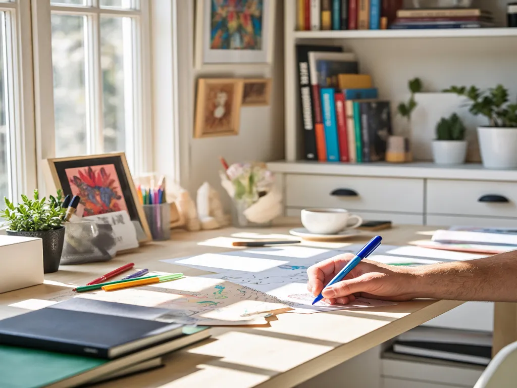 Creative workspace with Sharpie gel pens