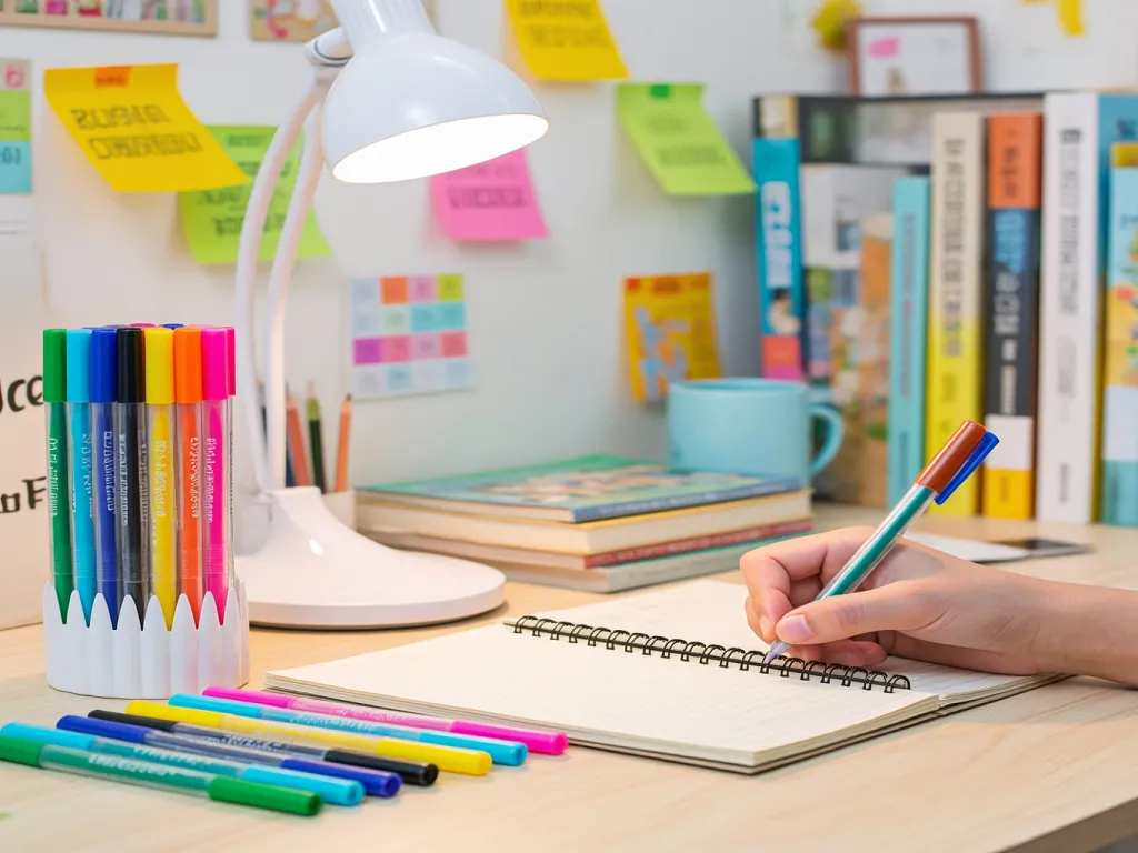 Gel ink pens and a notebook on a desk