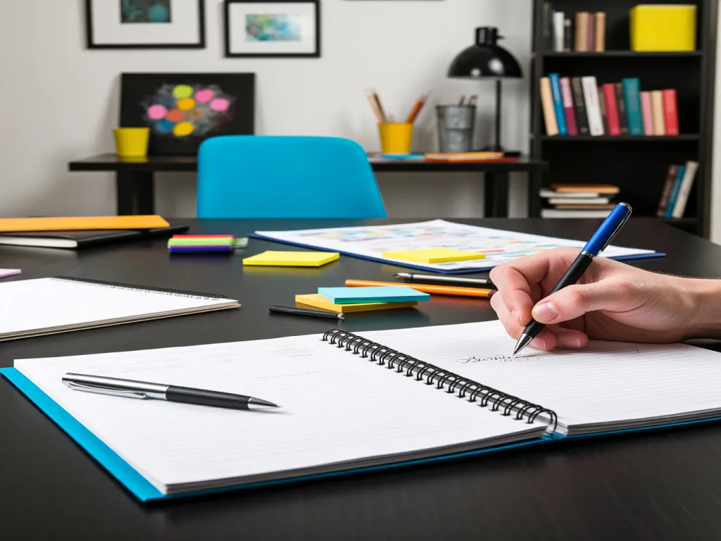 Hand writing in a notebook with a blue ball-point pen