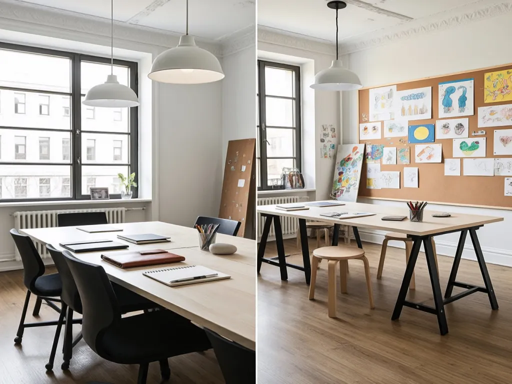 Modern workspace with large table and various stationery items