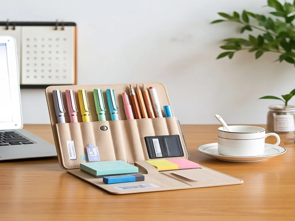 Organized stationery set in a case on a wooden desk
