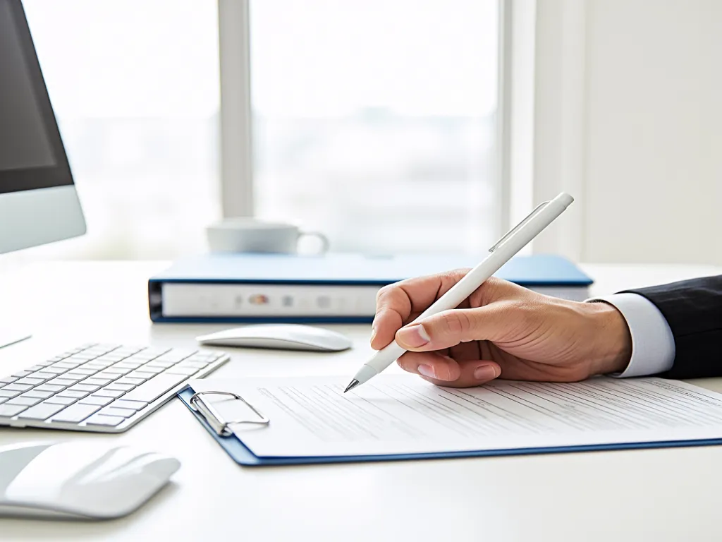 A hand signing a document with a white gel pen