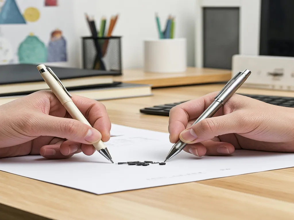 Two hands signing a document with ball-point pens