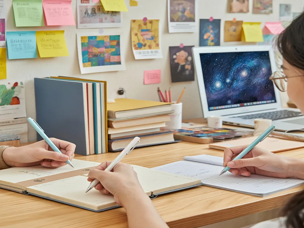 A person writing with a white gel pen in a notebook