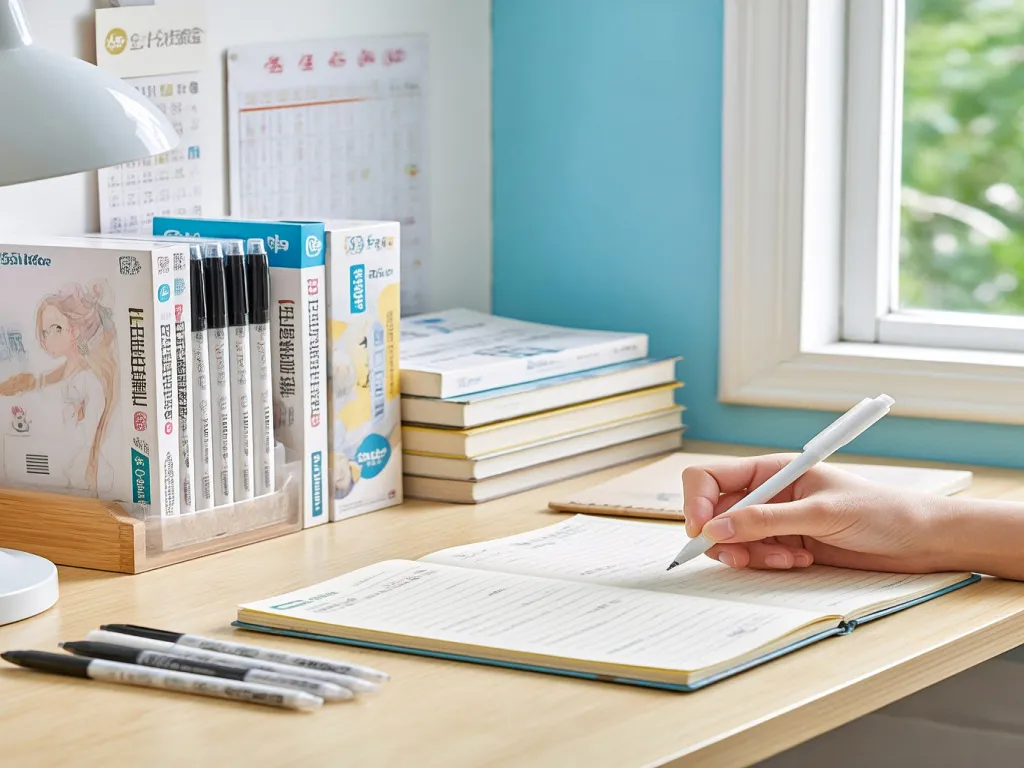A white gel pen on a desk with books and stationery