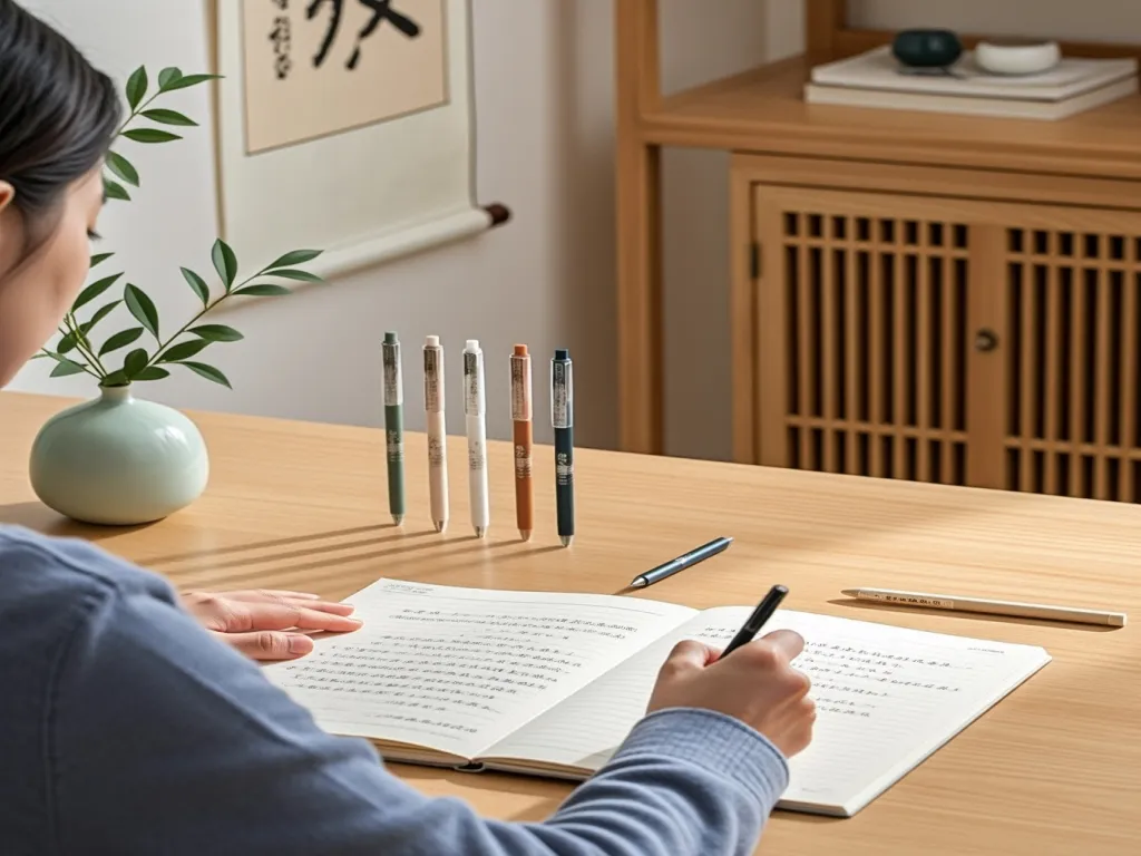 A person writing with a gel pen on a desk with several gel pens lined up