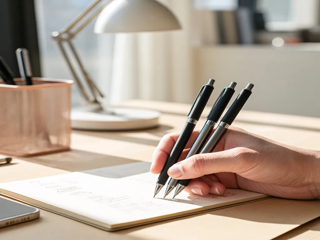 A hand holding three black gel pens over a notebook