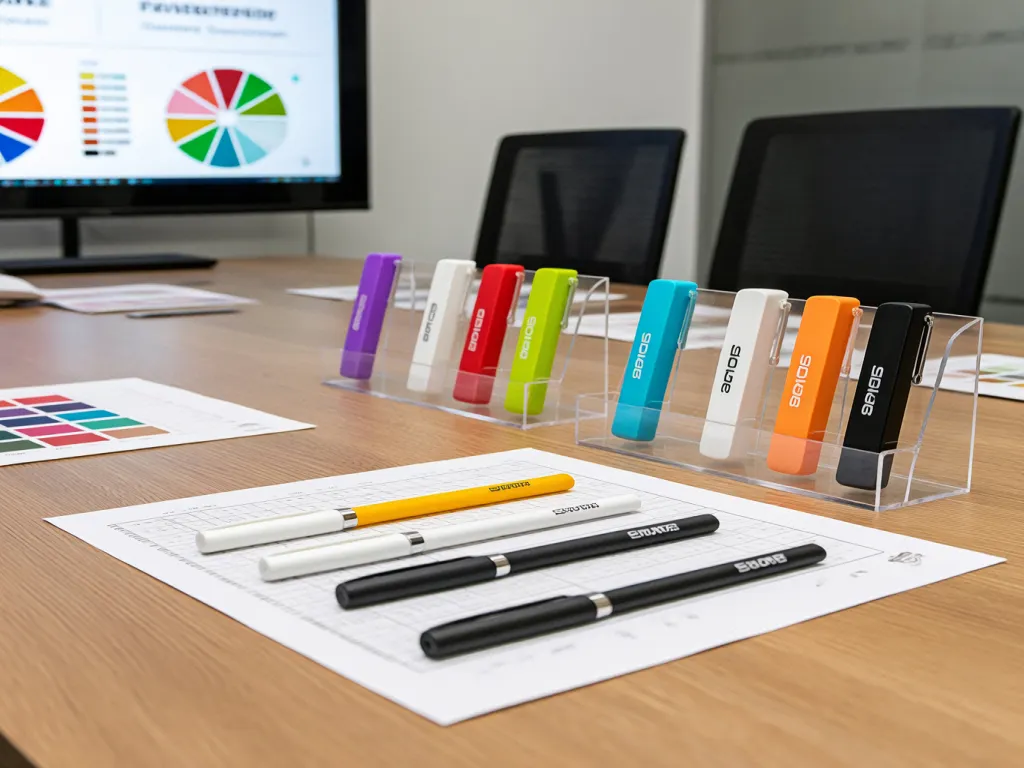 Colorful custom gel pens displayed on a desk with papers and a monitor