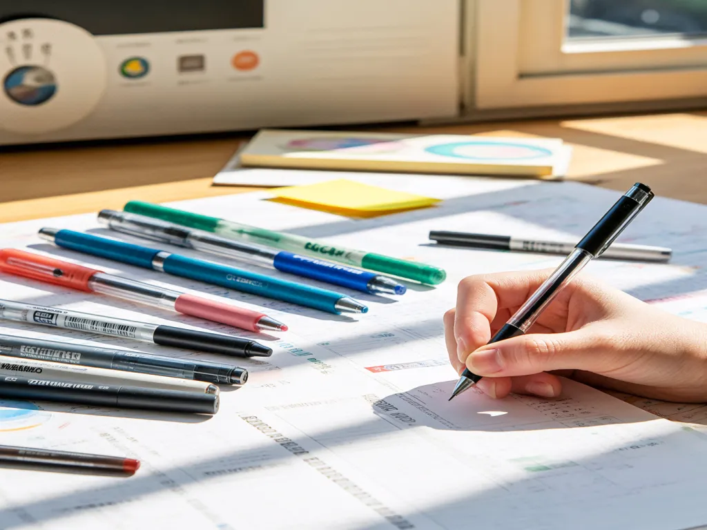 A hand using a black gel pen to write on a document surrounded by colorful gel pens