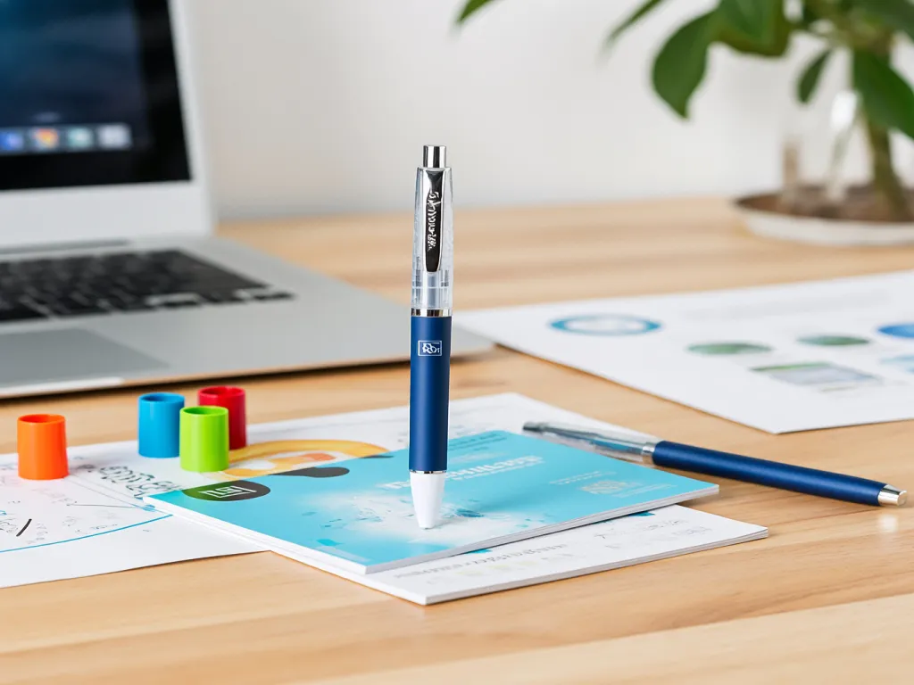 A custom gel pen standing on a desk with papers and a laptop