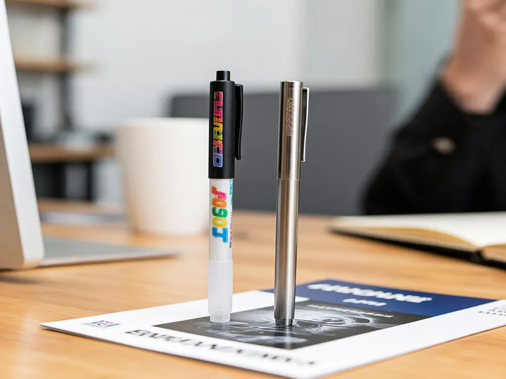 Custom gel pens on a table during a meeting