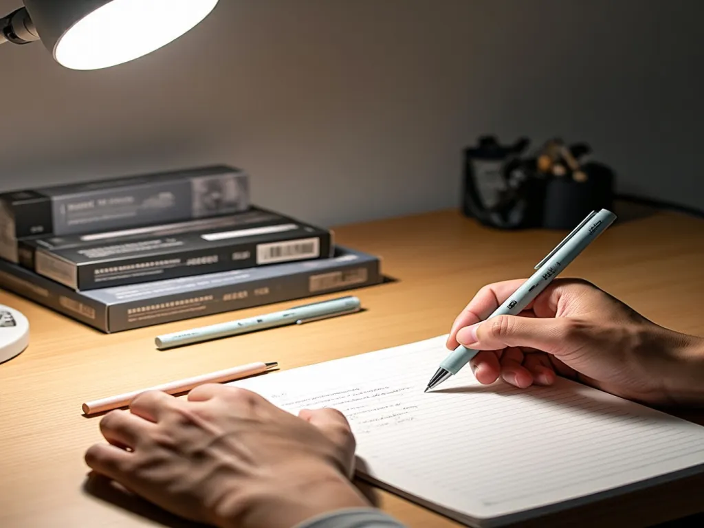 A hand writing in a notebook with a gel pen under a desk lamp