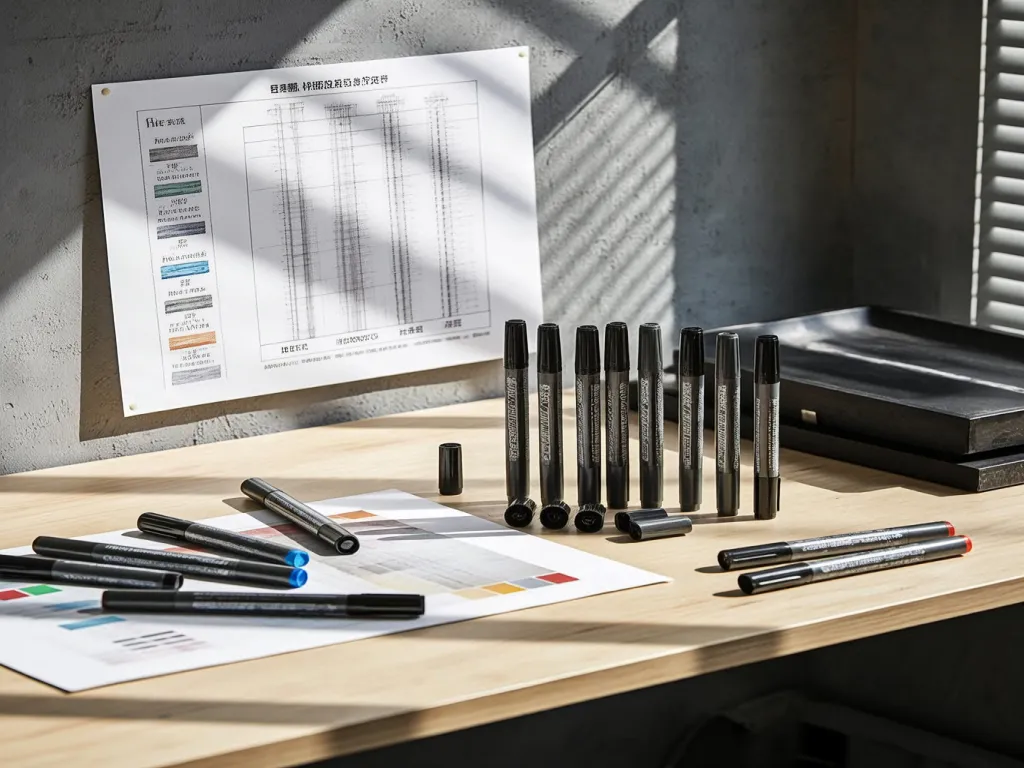 A row of black felt tip marker pens on a wooden work surface