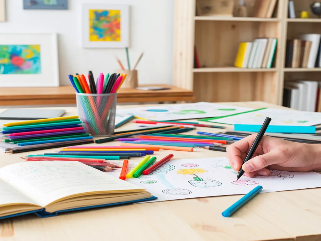 A hand drawing with colorful felt tip marker pens on a desk