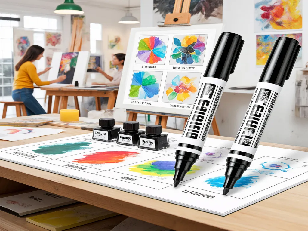 Wide tip marker pens and ink bottles on a table in an art studio