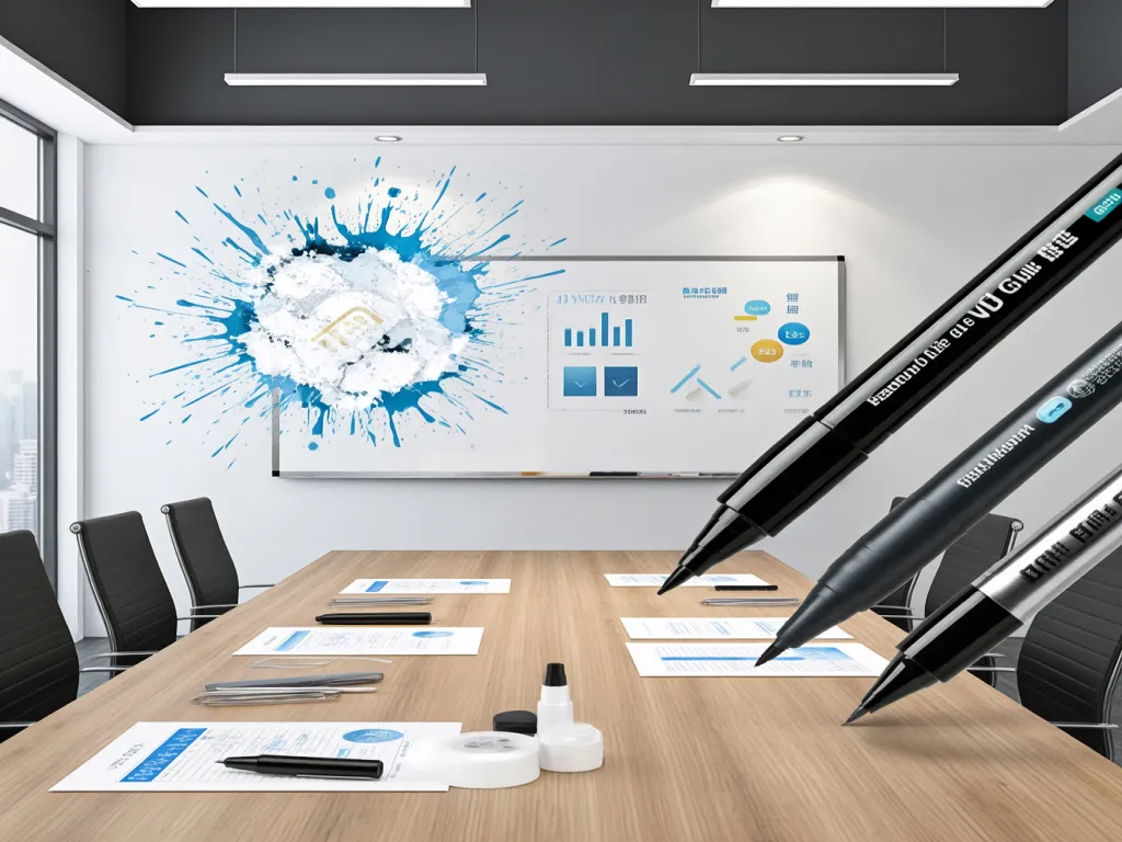 Black whiteboard markers with fine tips on a meeting table