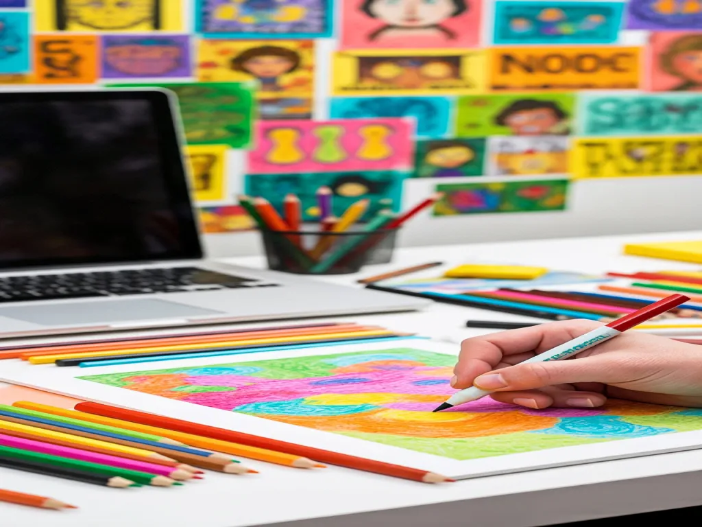 A hand drawing colorful artwork with marker pens