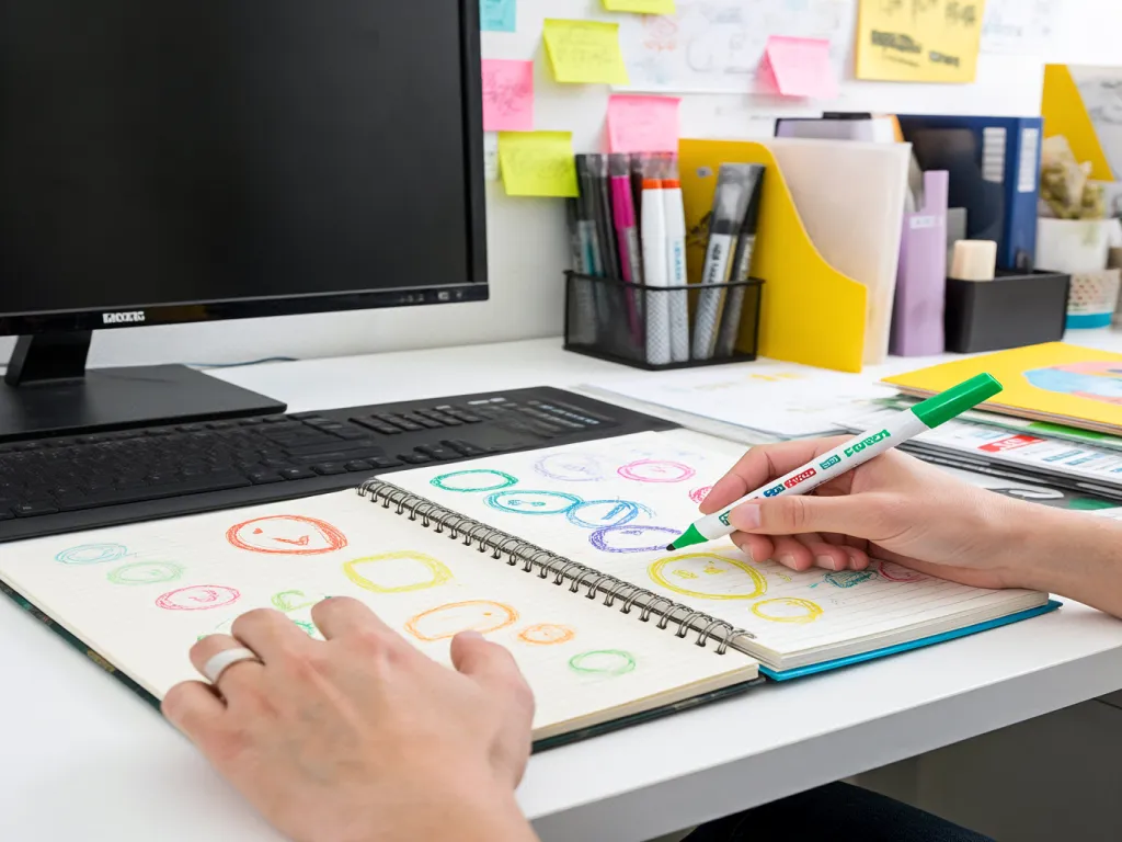 A hand using a wide tip marker pen to draw colorful circles in a notebook