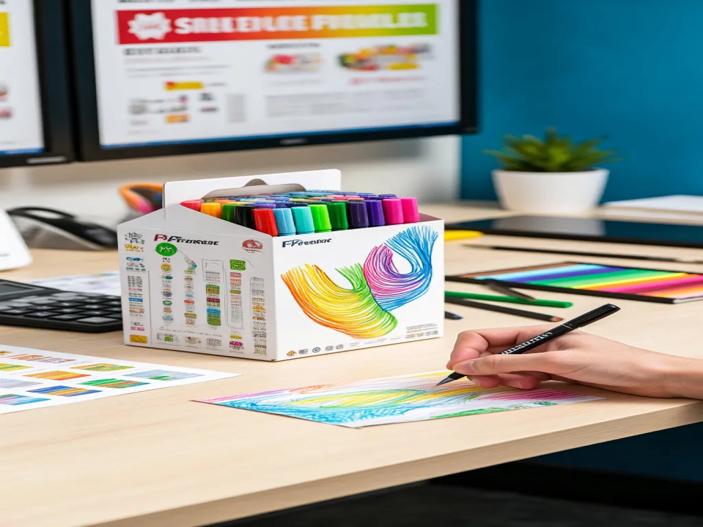 A box of colorful marker pens on a desk