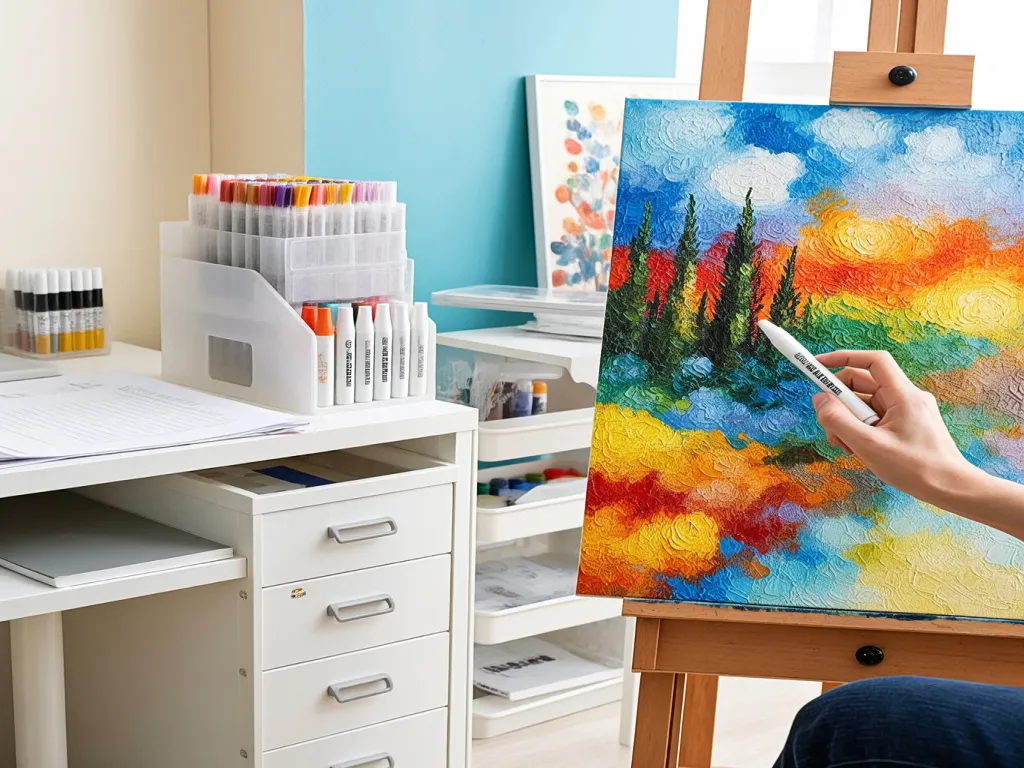 A colorful painting being finished with a white felt tip marker pen