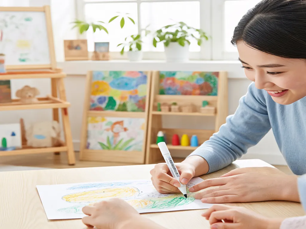 A child drawing with a white felt tip marker pen
