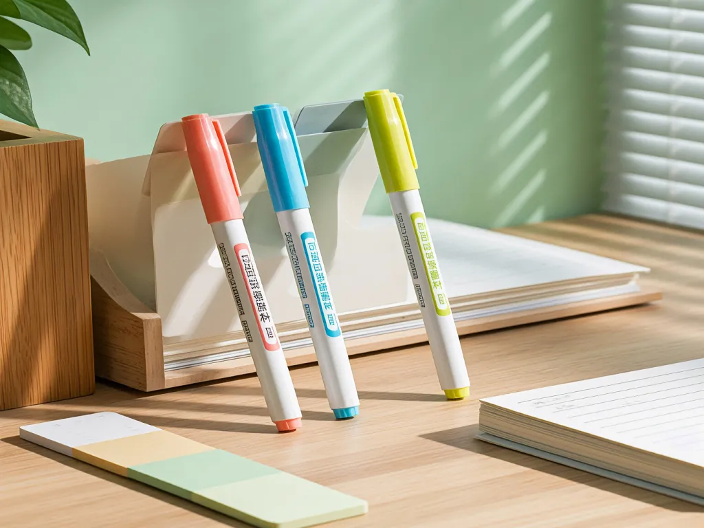 Fine tip marker pens neatly arranged on a desk