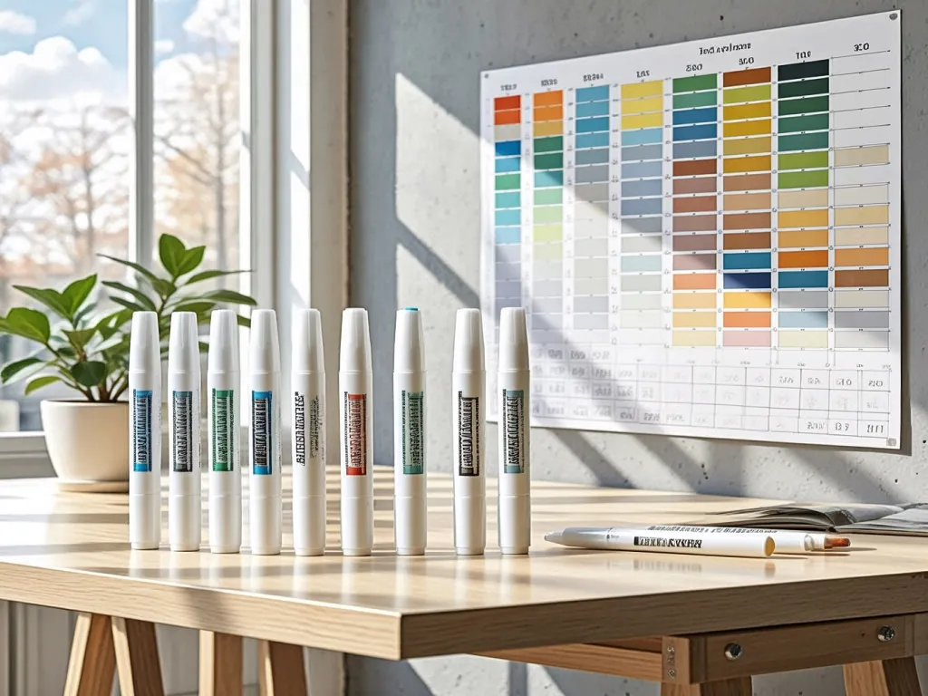A row of white felt tip marker pens on a wooden table