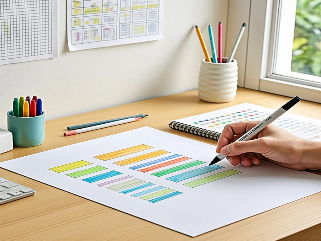 Hand drawing colorful bars with thin tip marker pens