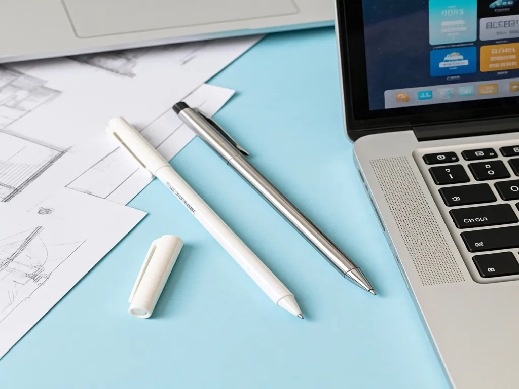 White fine tip marker pen and a laptop on a desk