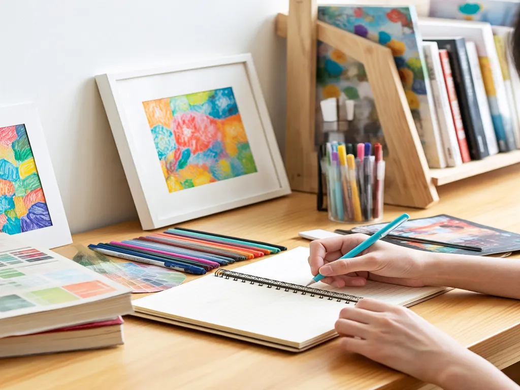 A person uses a brush tip marker pen to create vibrant artwork on a notebook