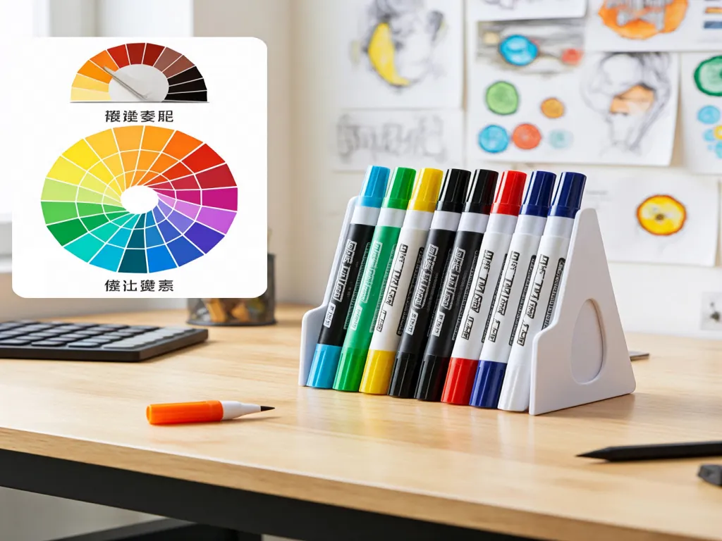 A display of various colored brush tip marker pens on a desk