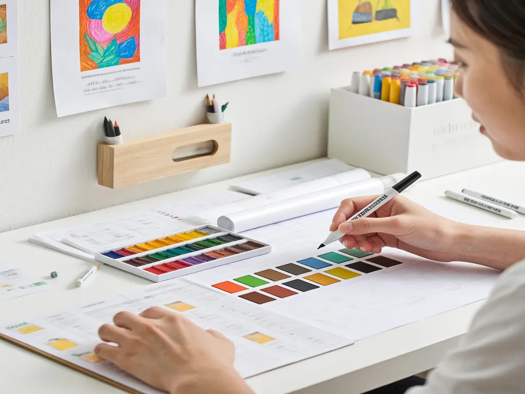 A designer selects colors using brush tip marker pens for a new project