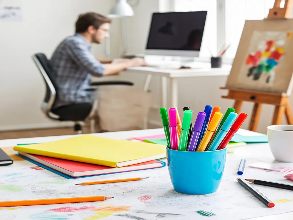 Colorful twin tip marker pens on a desk with drawings