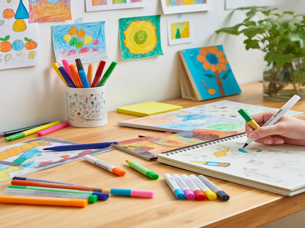 Creative workspace with twin tip marker pens and drawings