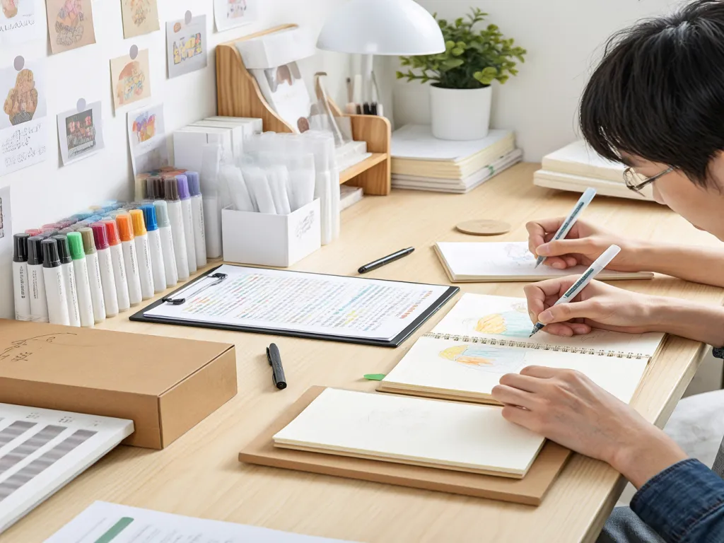Individual working on a notebook with twin tip marker pens