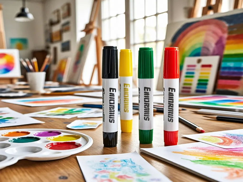 Colorful dual tip marker pens on an artist's table
