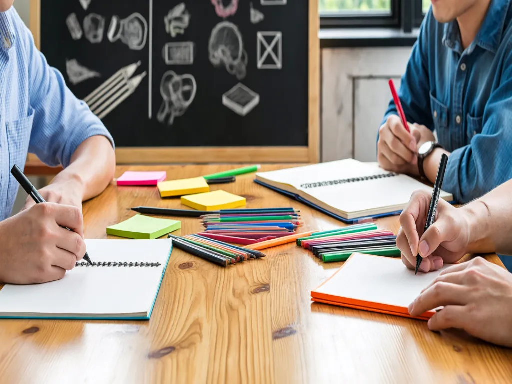 Creative workspace with chisel tip marker pens